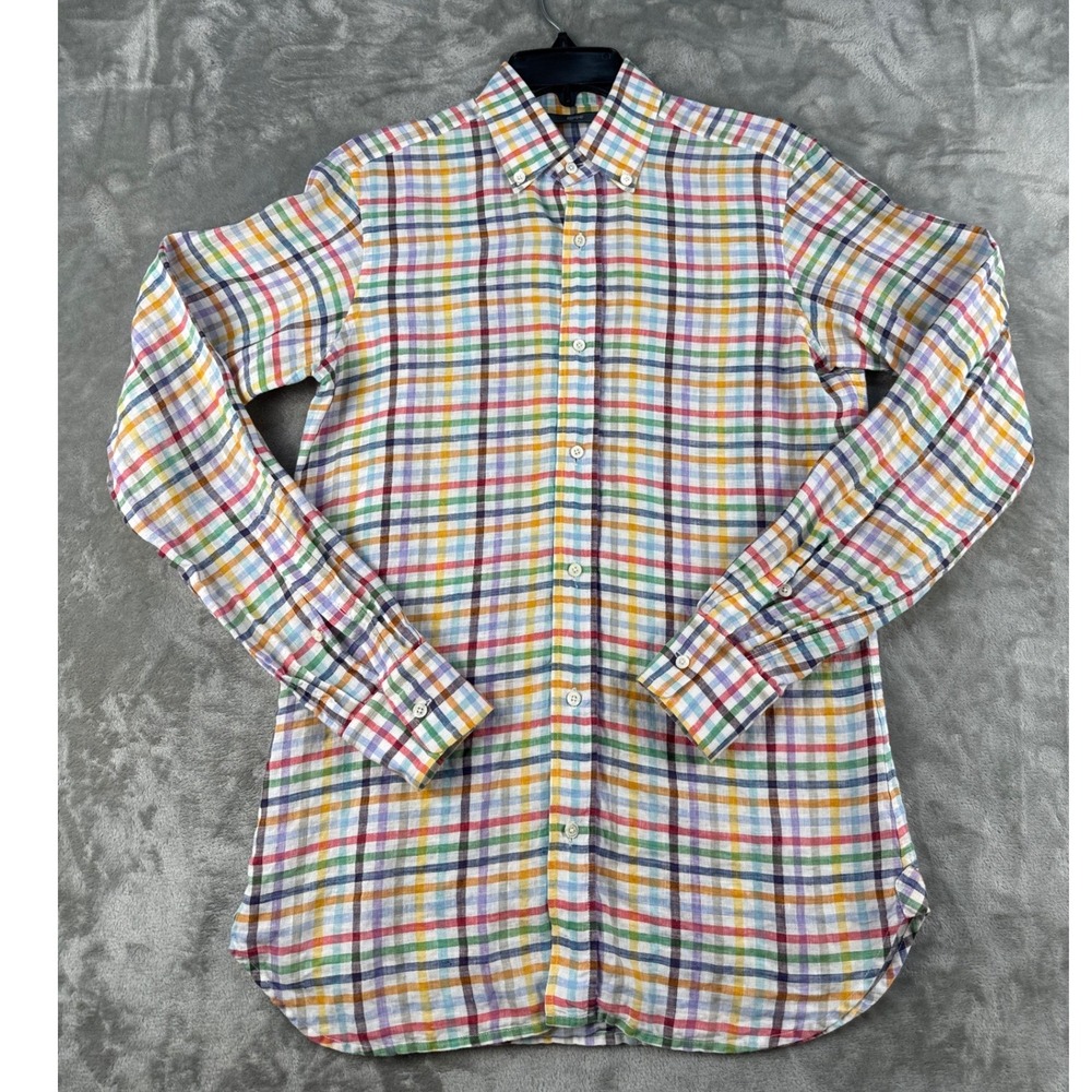 Leggiadro Linen Button Down Mens S Rainbow Tattersall Check Multi EUC